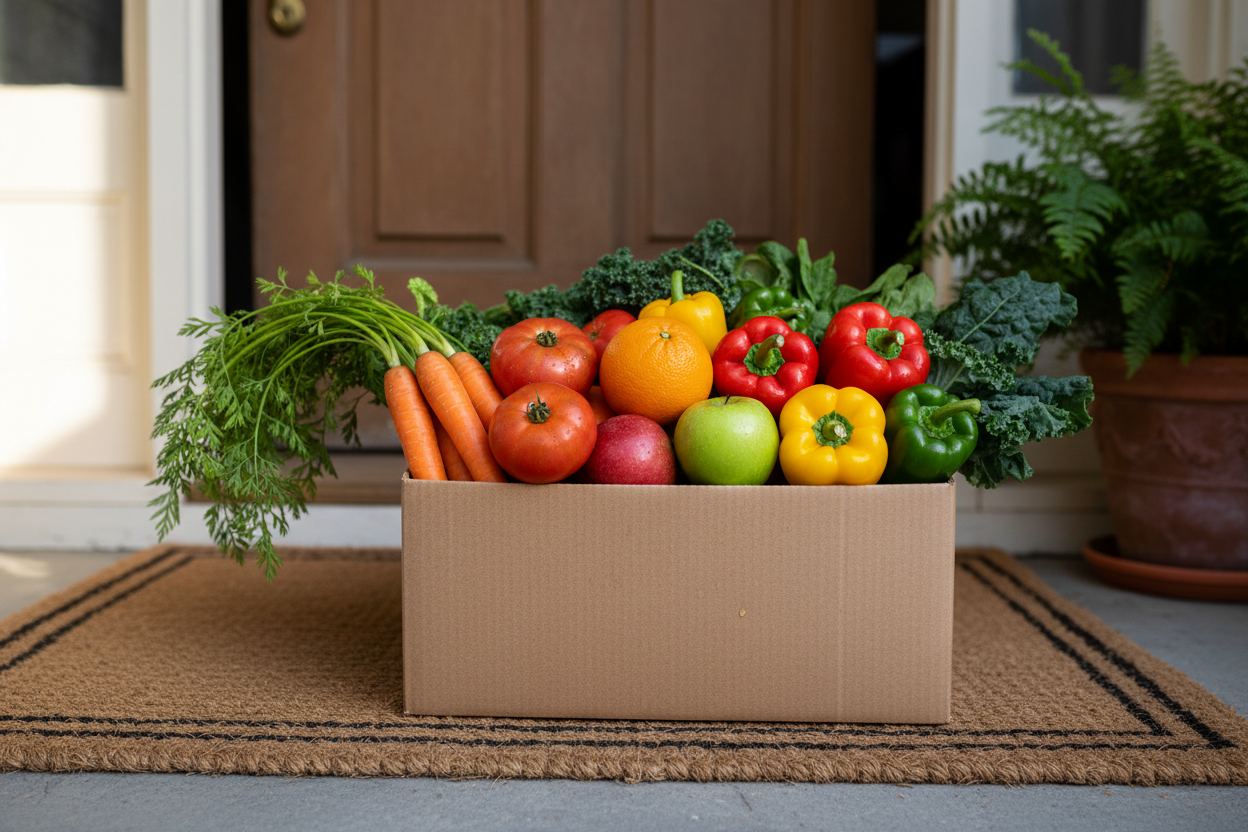 owoce i warzywa w kartonie pod drzwiami